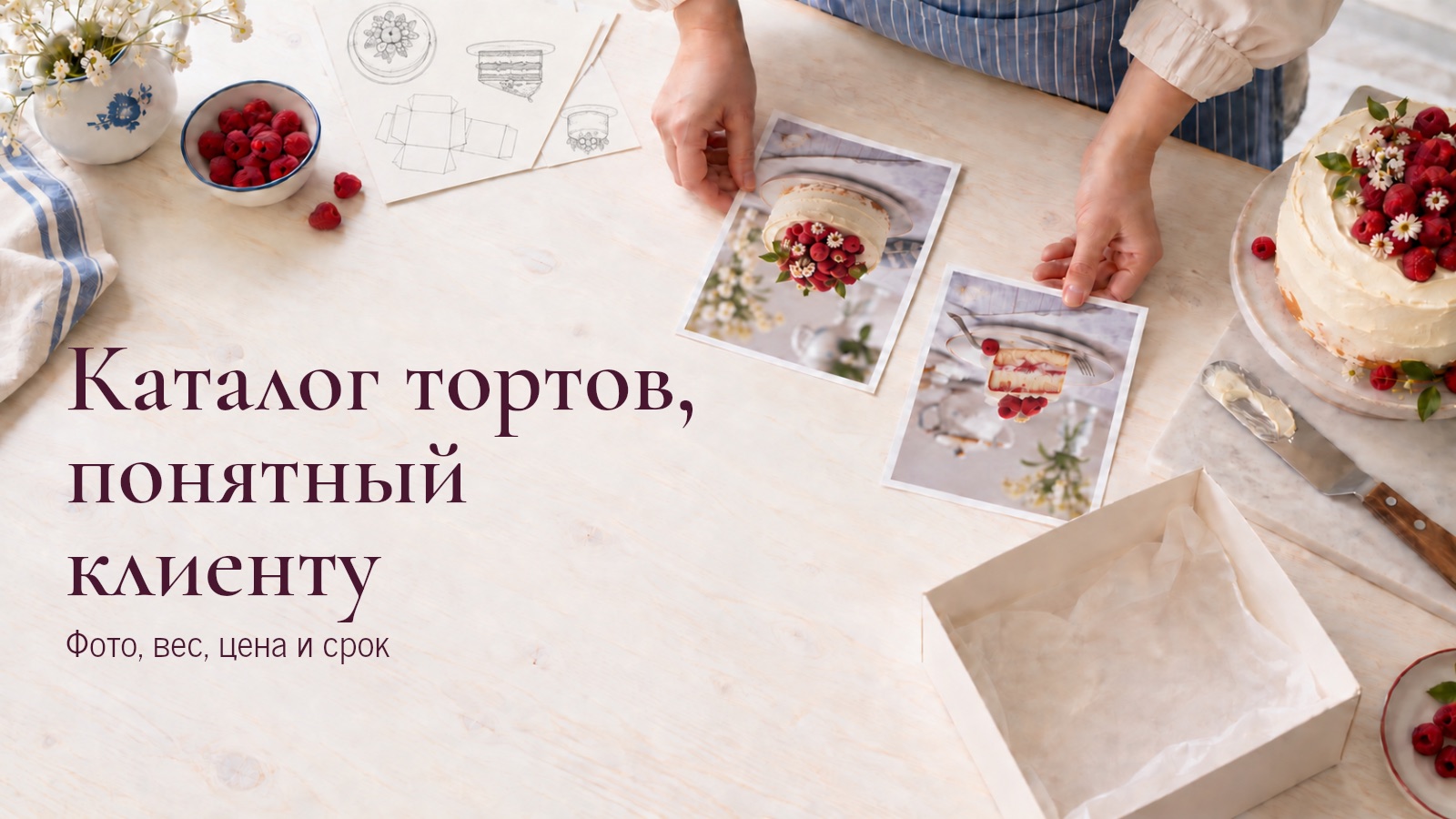Кондитер раскладывает фотографии тортов рядом с бумажными зарисовками и коробкой