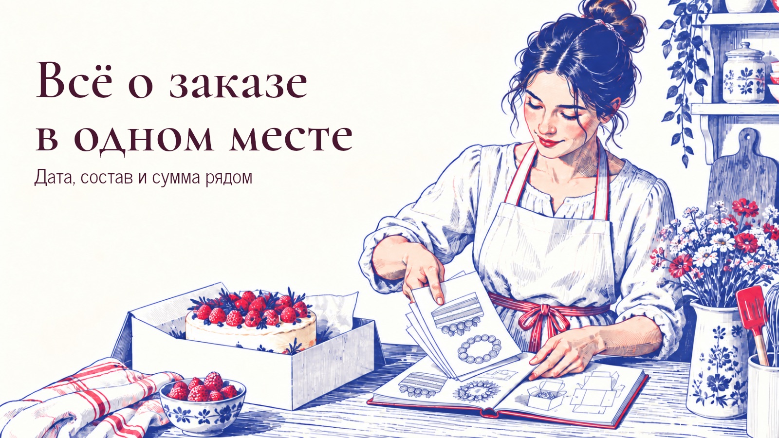 Кондитер сверяет рисунок торта на карточке с зарисовками в раскрытом блокноте