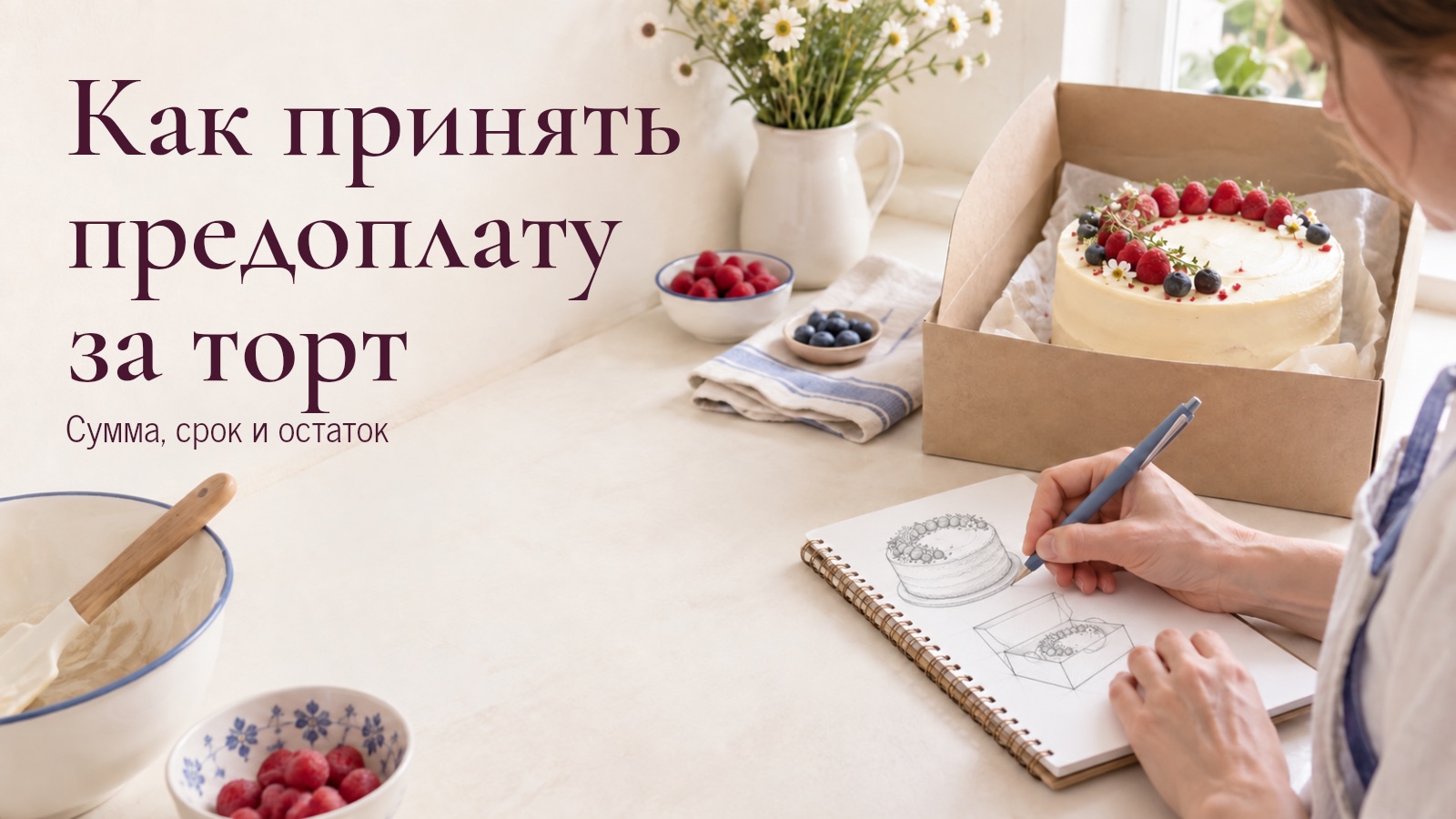 Кондитер рисует торт и упаковку в блокноте рядом с готовым тортом в коробке