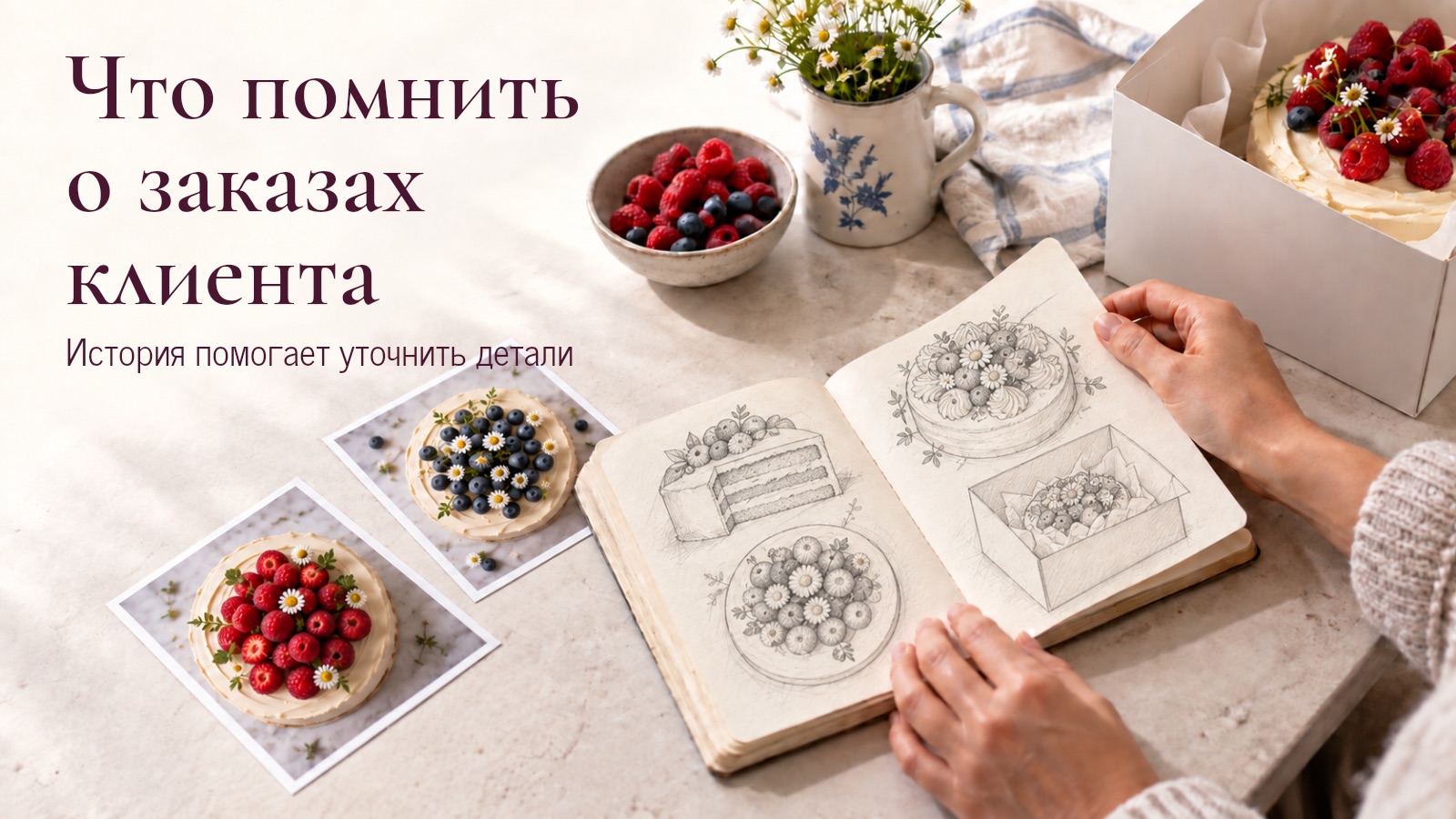Руки над блокнотом с зарисовками тортов; рядом фотографии и торт в коробке