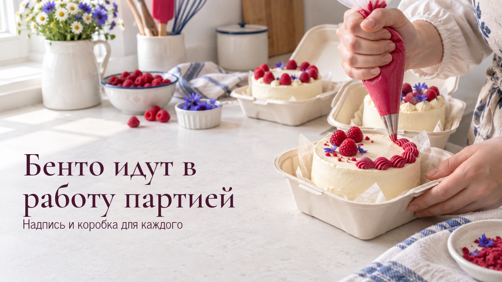Кондитер наносит красный крем на небольшой торт в открытой коробке