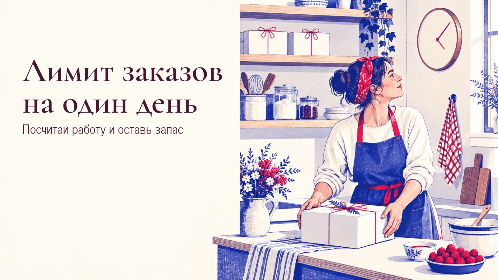 Кондитер стоит у коробки и смотрит на настенные часы