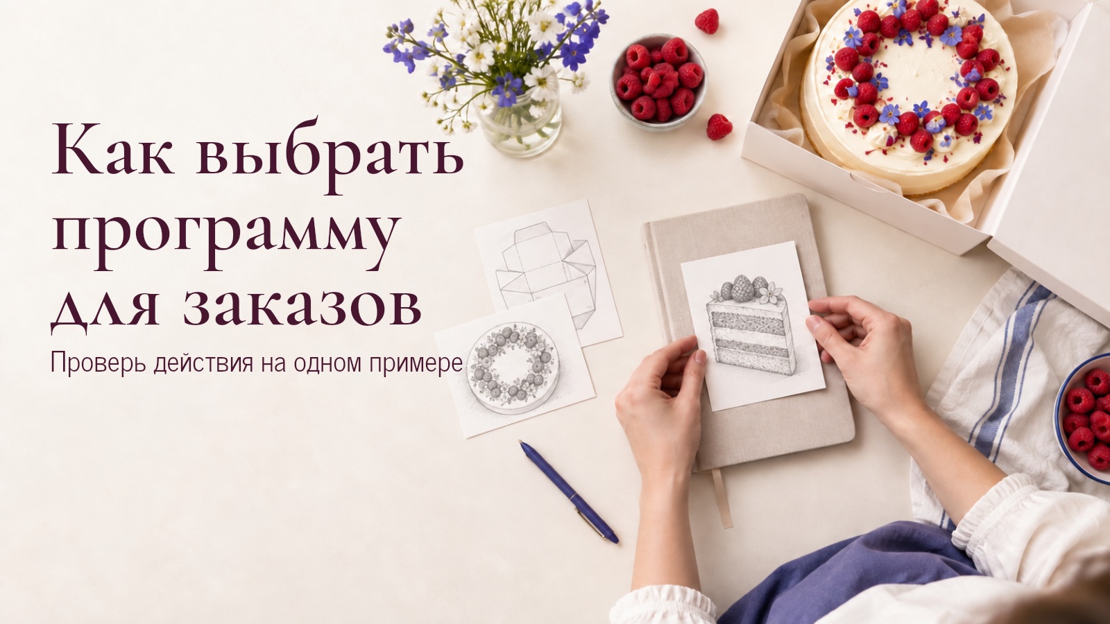 Руки держат рисунок разреза торта над блокнотом; рядом зарисовки упаковки
