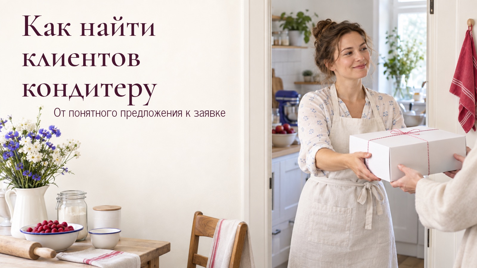 Кондитер передаёт человеку белую коробку, перевязанную бечёвкой